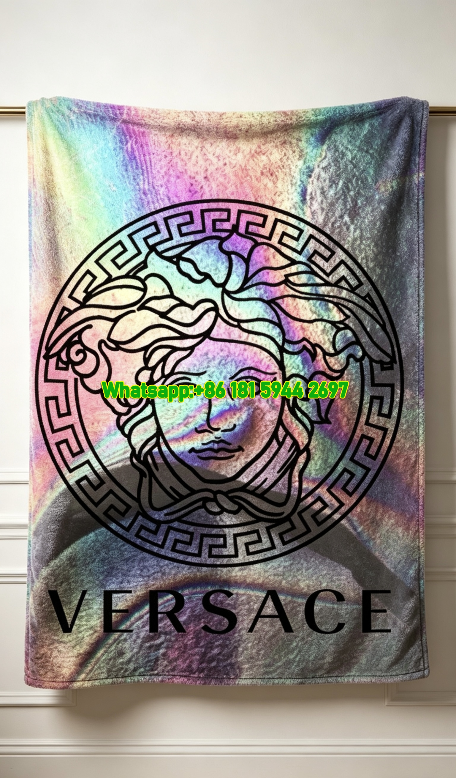 Iridescent Holographic Versace Medusa Logo Fleece Throw Blanket IMG_1380